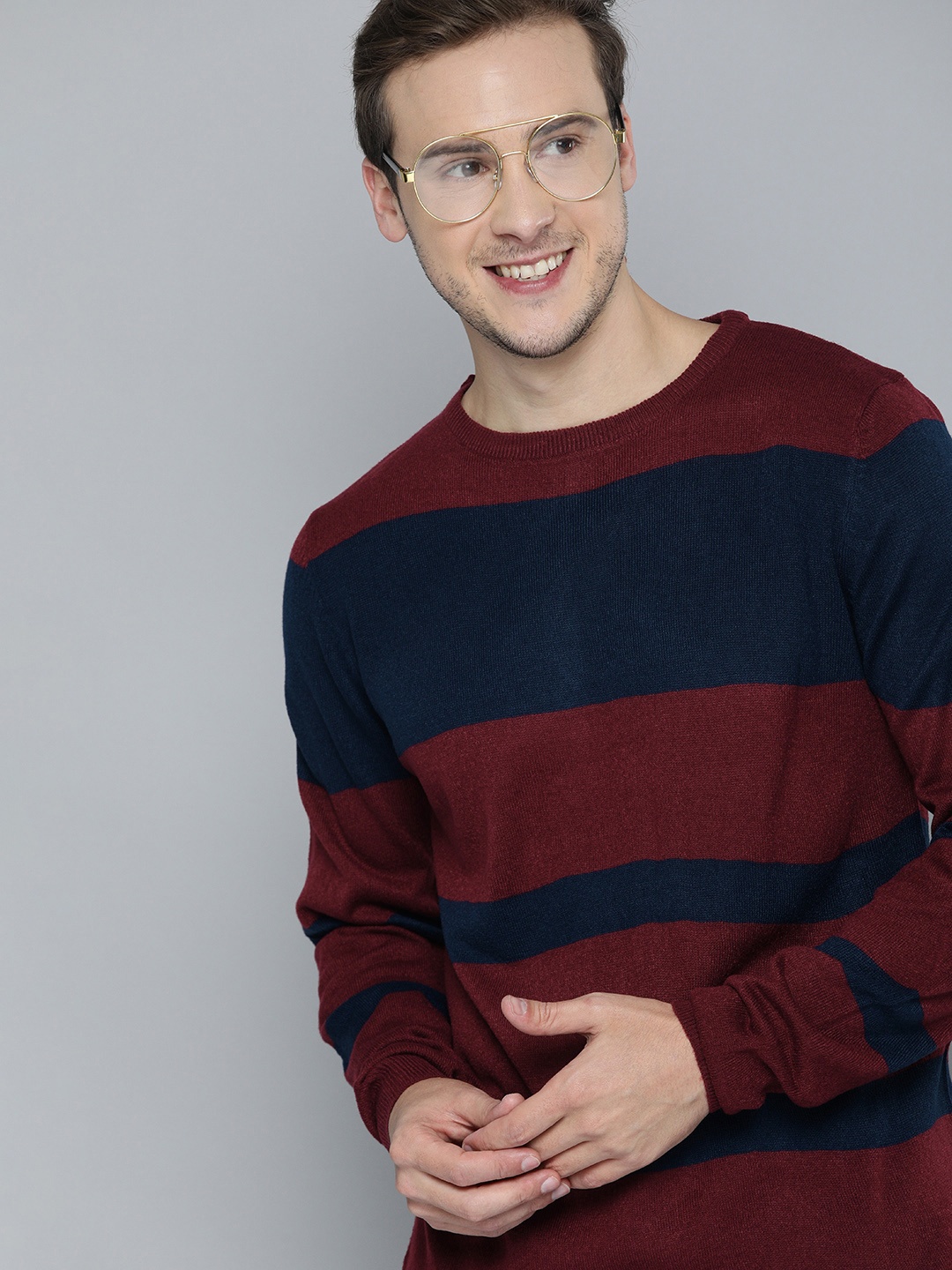 

Mast & Harbour Men's Burgundy & Navy Blue Striped Sweater, Assorted