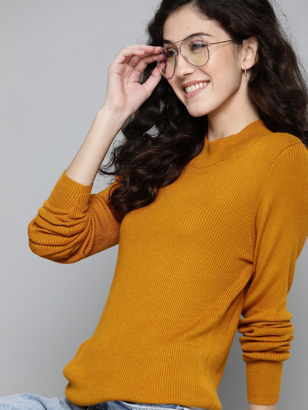

Mast & Harbour Women Mustard Yellow Ribbed Pullover