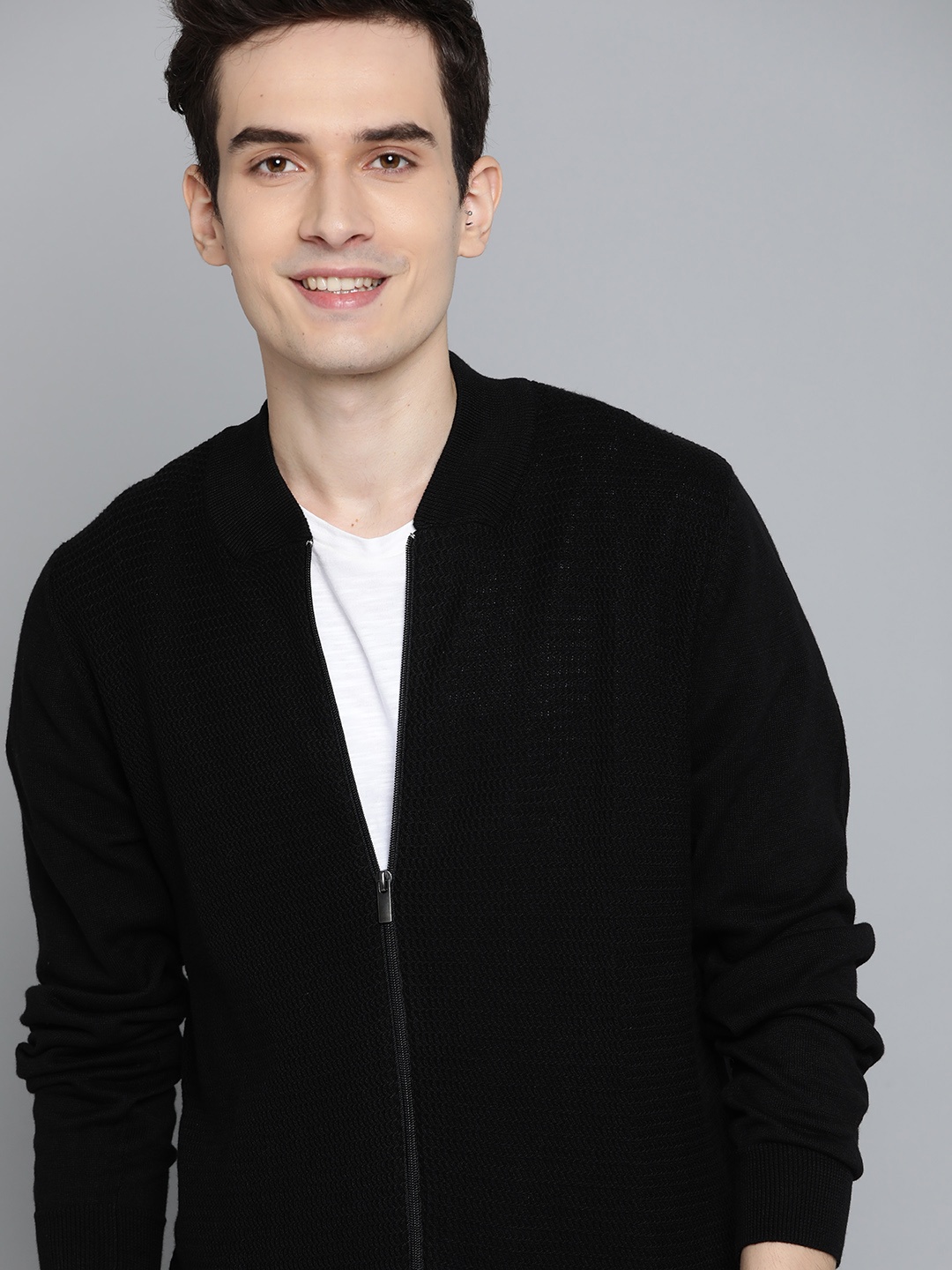 

Mast & Harbour Men Black Pure Cotton Self-Design Cardigan