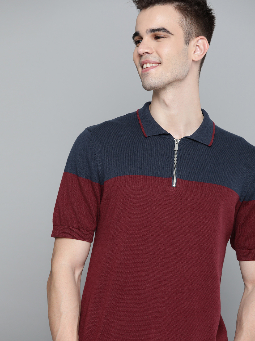 

Mast & Harbour Men Navy Blue & Maroon Colourblocked Pullover