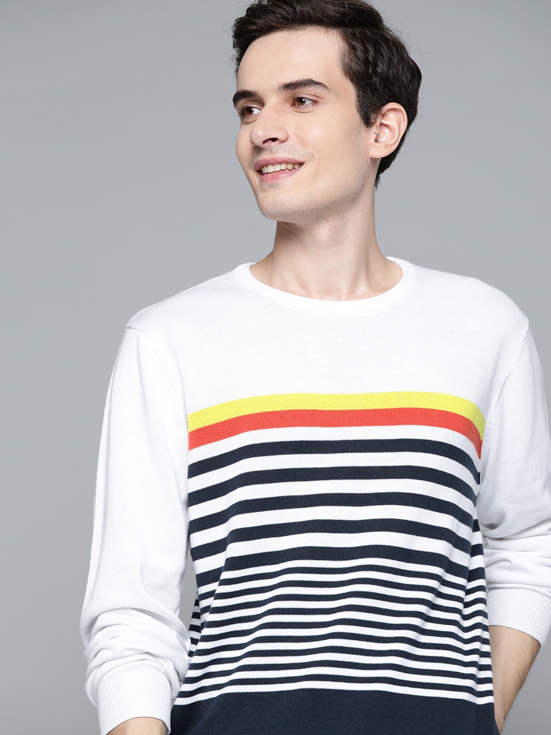 

Mast & Harbour Men White & Navy Blue Striped Pullover Sweater
