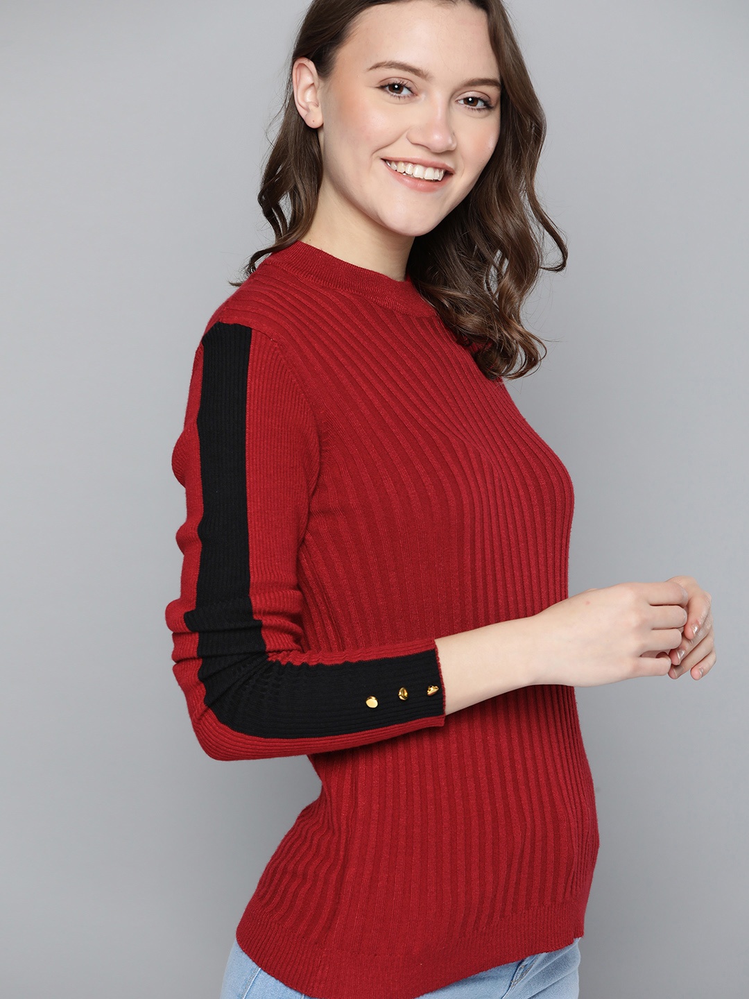 

Mast & Harbour Women Maroon Ribbed Pullover