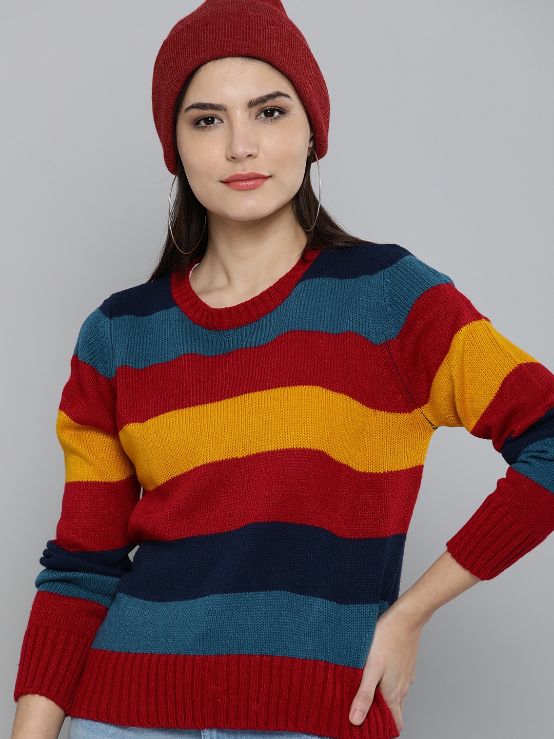 

Mast & Harbour Women Red & Teal Blue Striped Pullover