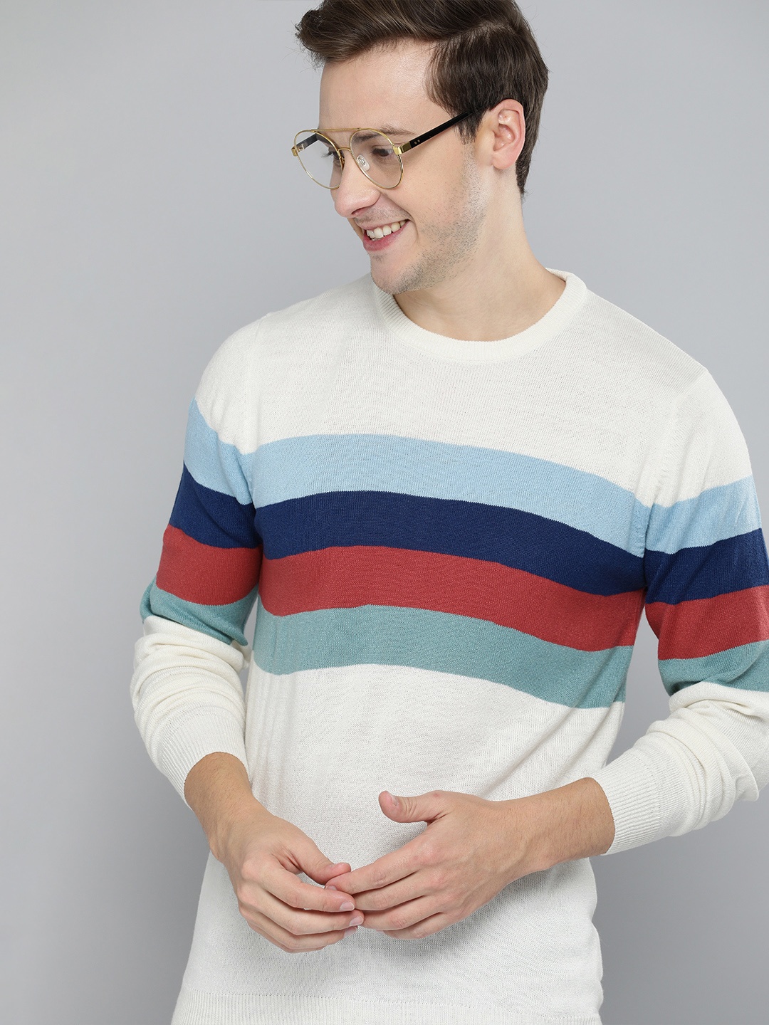 

Mast & Harbour Men White & Blue Striped Pullover Sweater