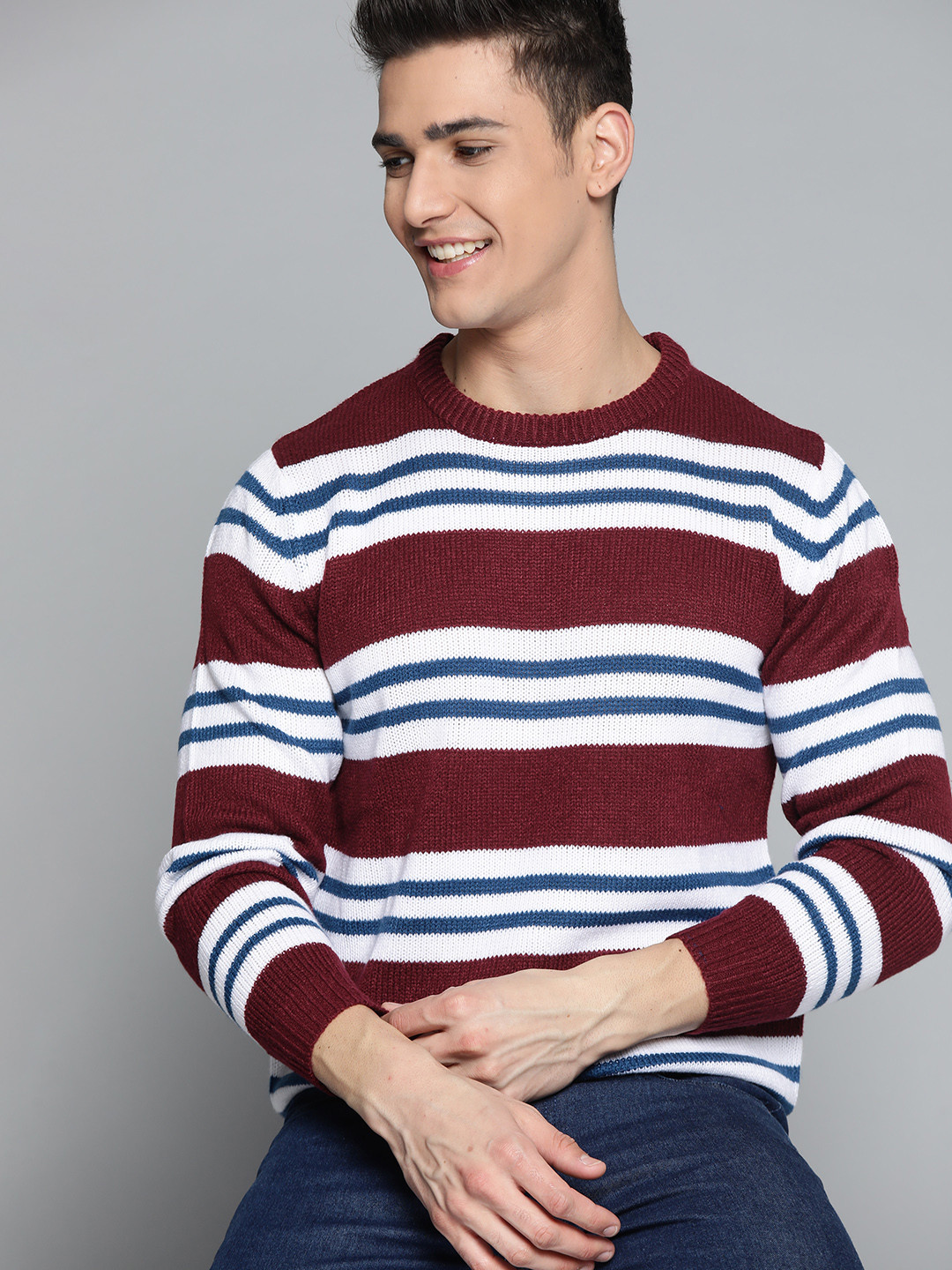 

Mast & Harbour Men Maroon & White Striped Pullover