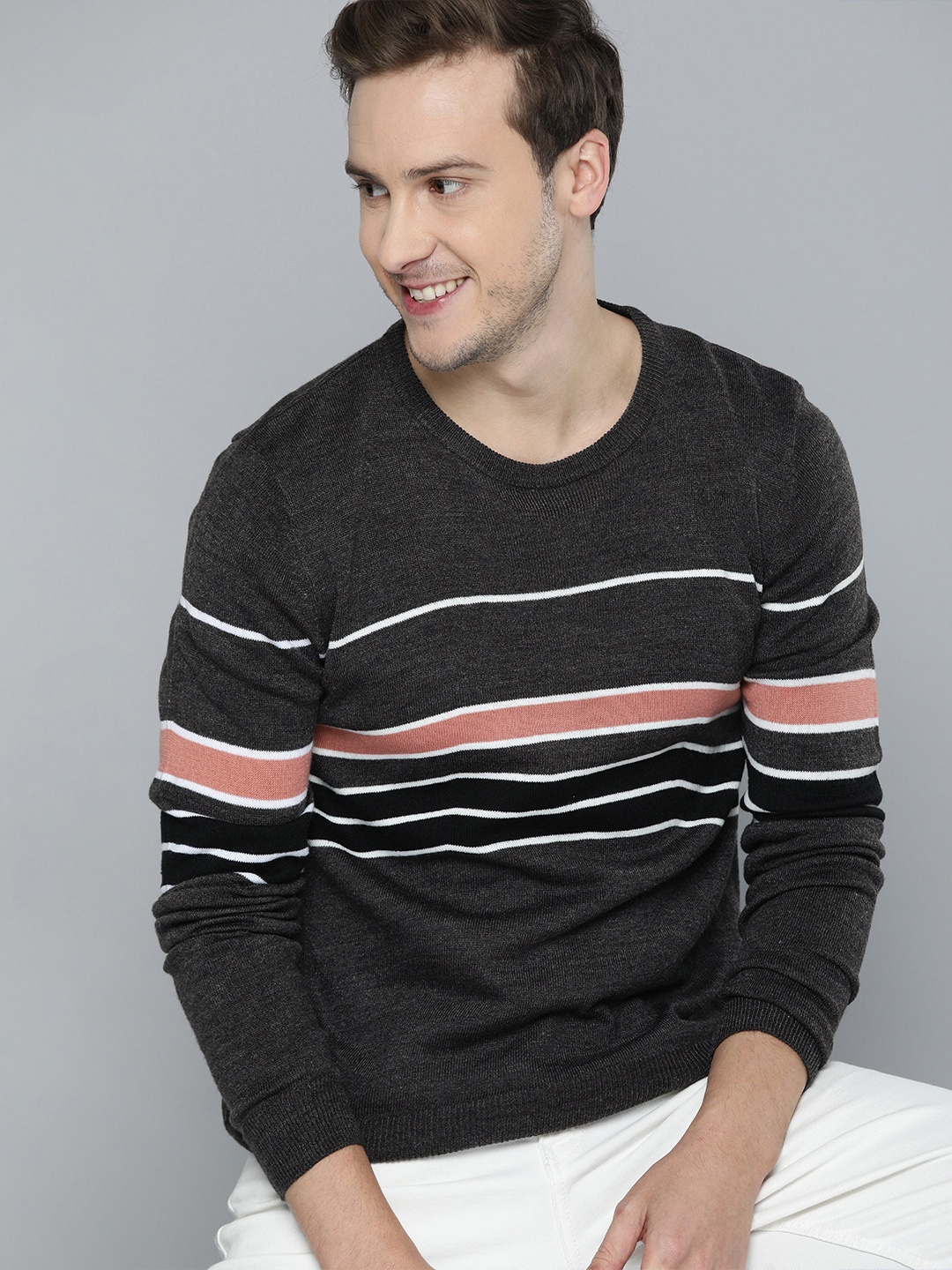 

Mast & Harbour Men Charcoal & White Striped Pullover