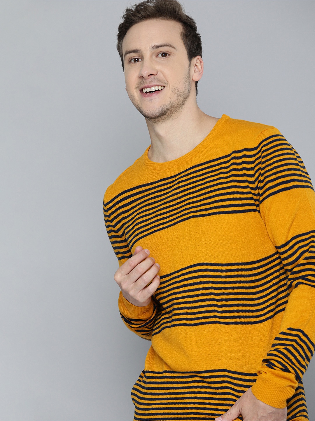 

Mast & Harbour Men Mustard & Navy Blue Striped Pullover
