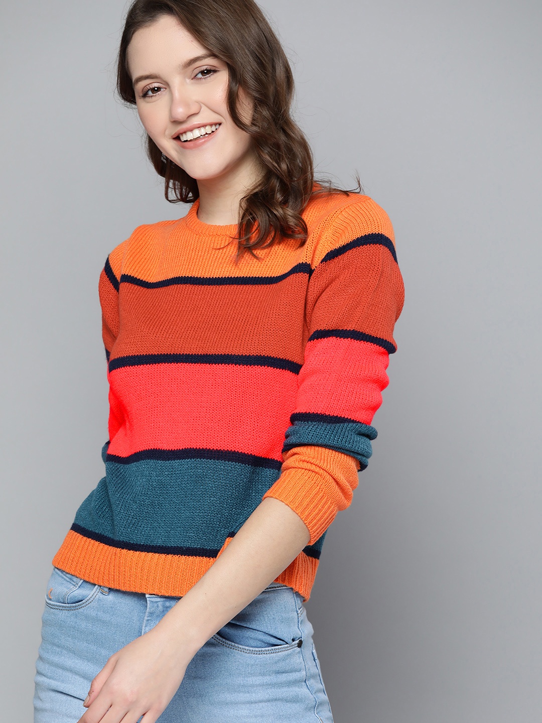 

Mast & Harbour Women Rust Brown & Teal Colourblocked Pullover