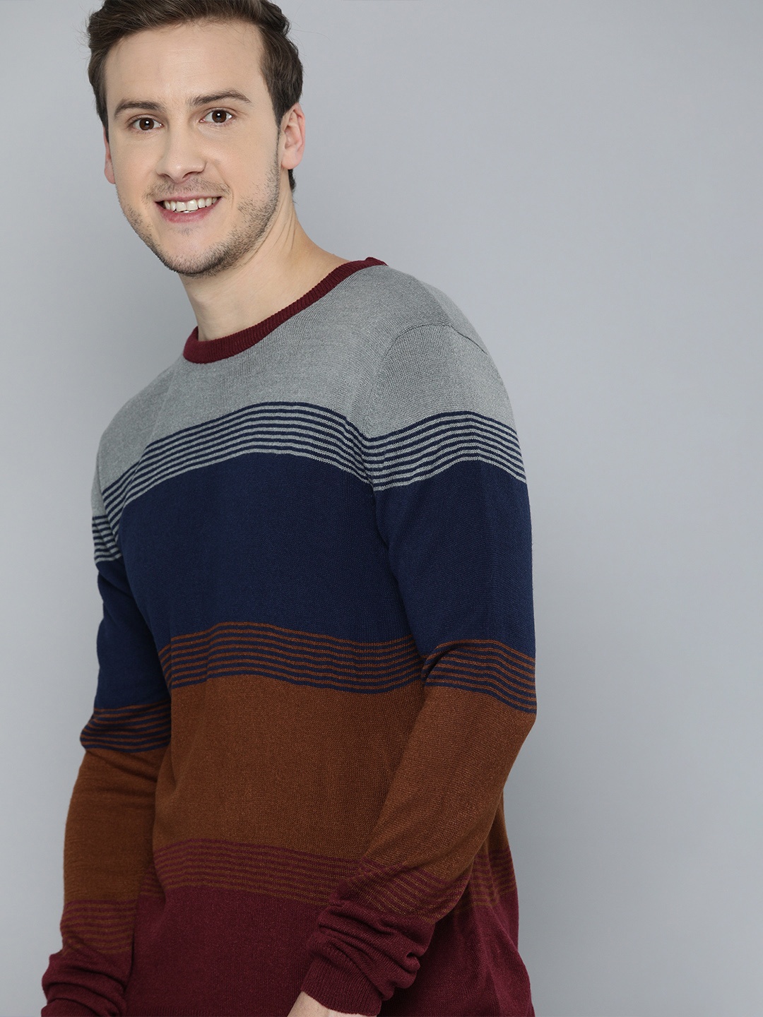 

Mast & Harbour Men Grey Melange & Maroon Striped Pullover