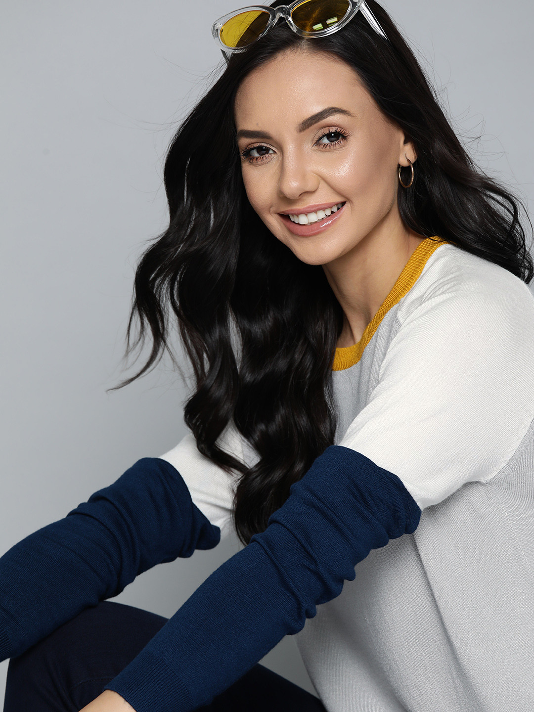 

Mast & Harbour Women Grey & Navy Blue Solid Pullover
