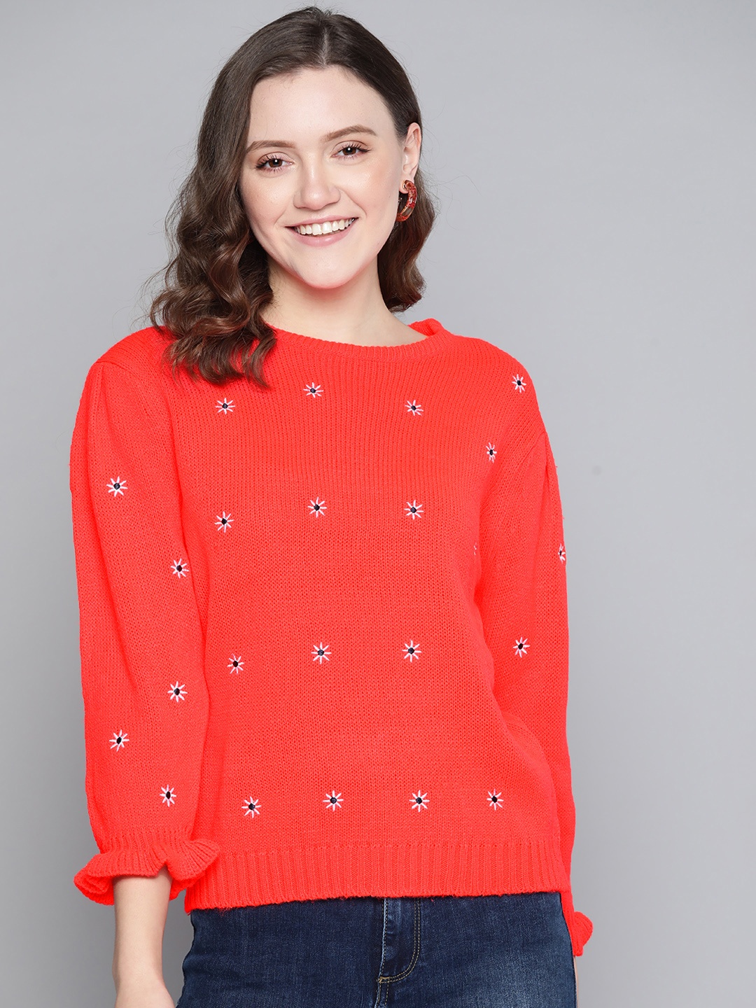 

Mast & Harbour Women Coral Red Floral Pullover