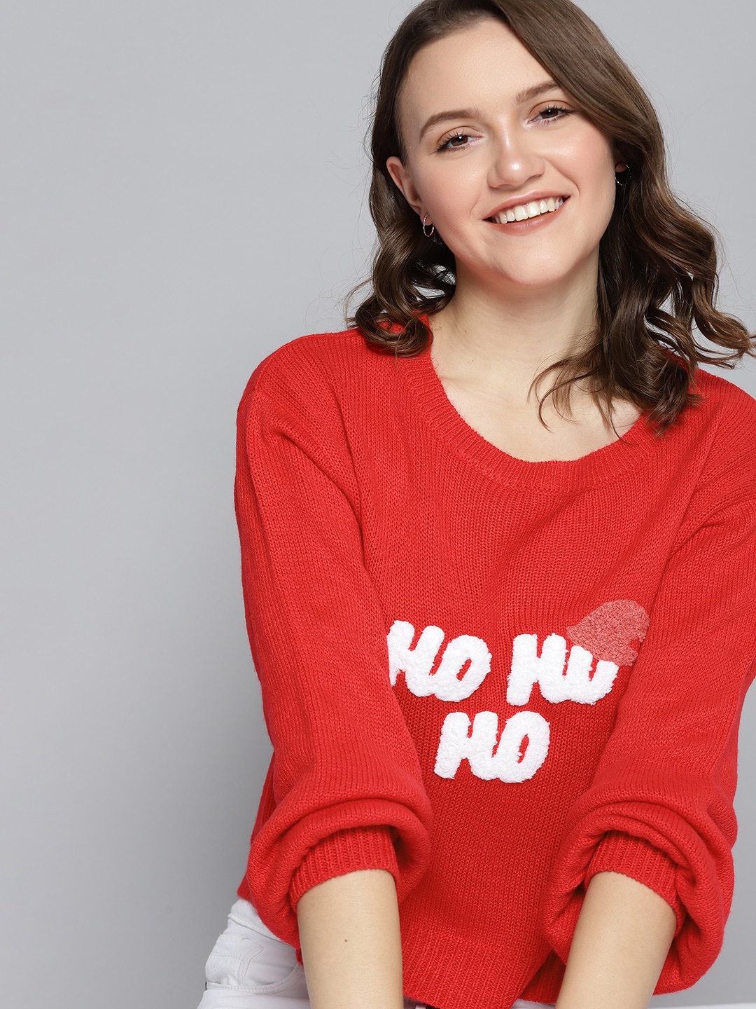 

Mast & Harbour Women Red & White Typography Printed Pullover