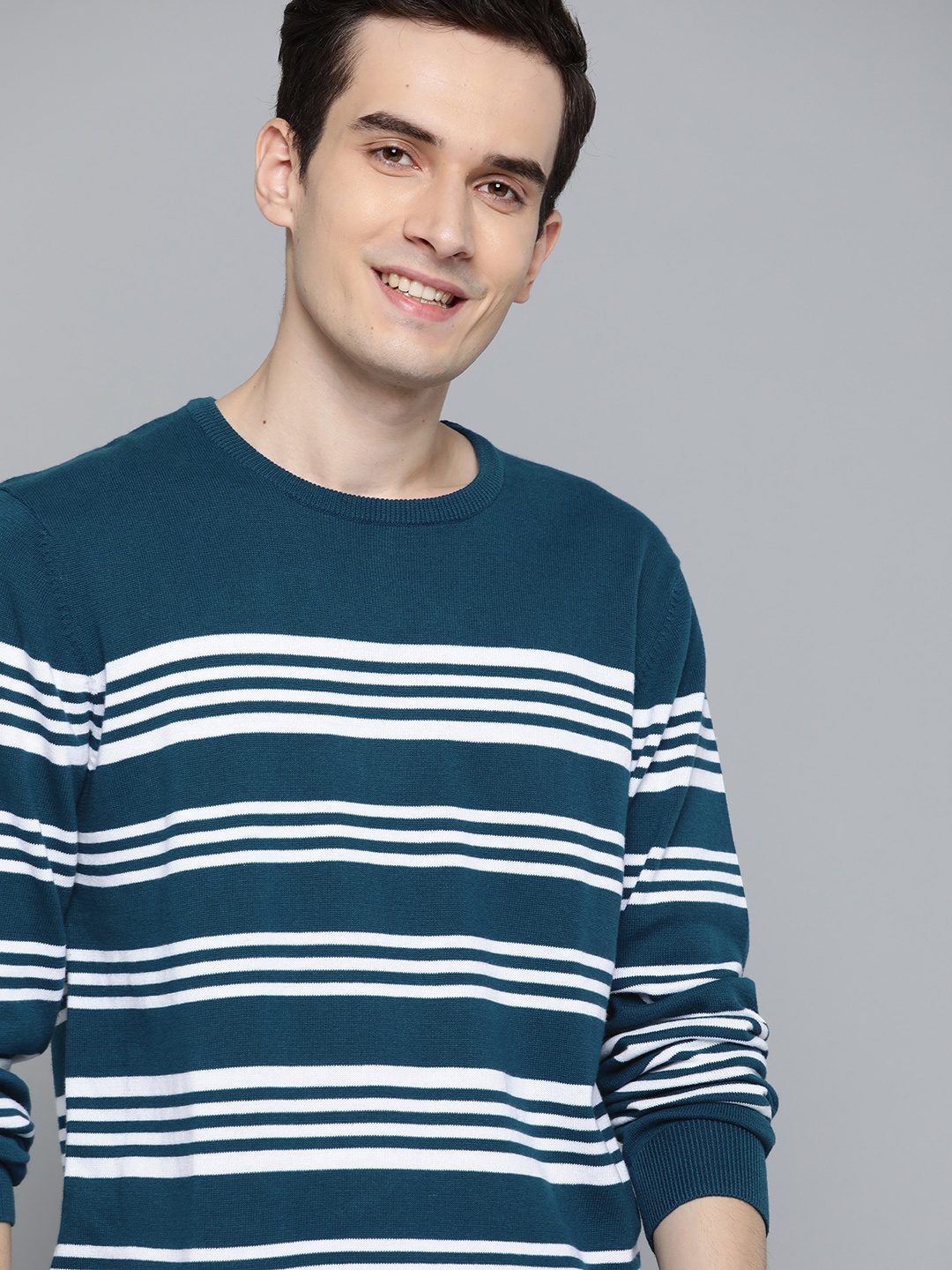 

Mast & Harbour Men Teal Blue & White Striped Pure Cotton Pullover Sweater