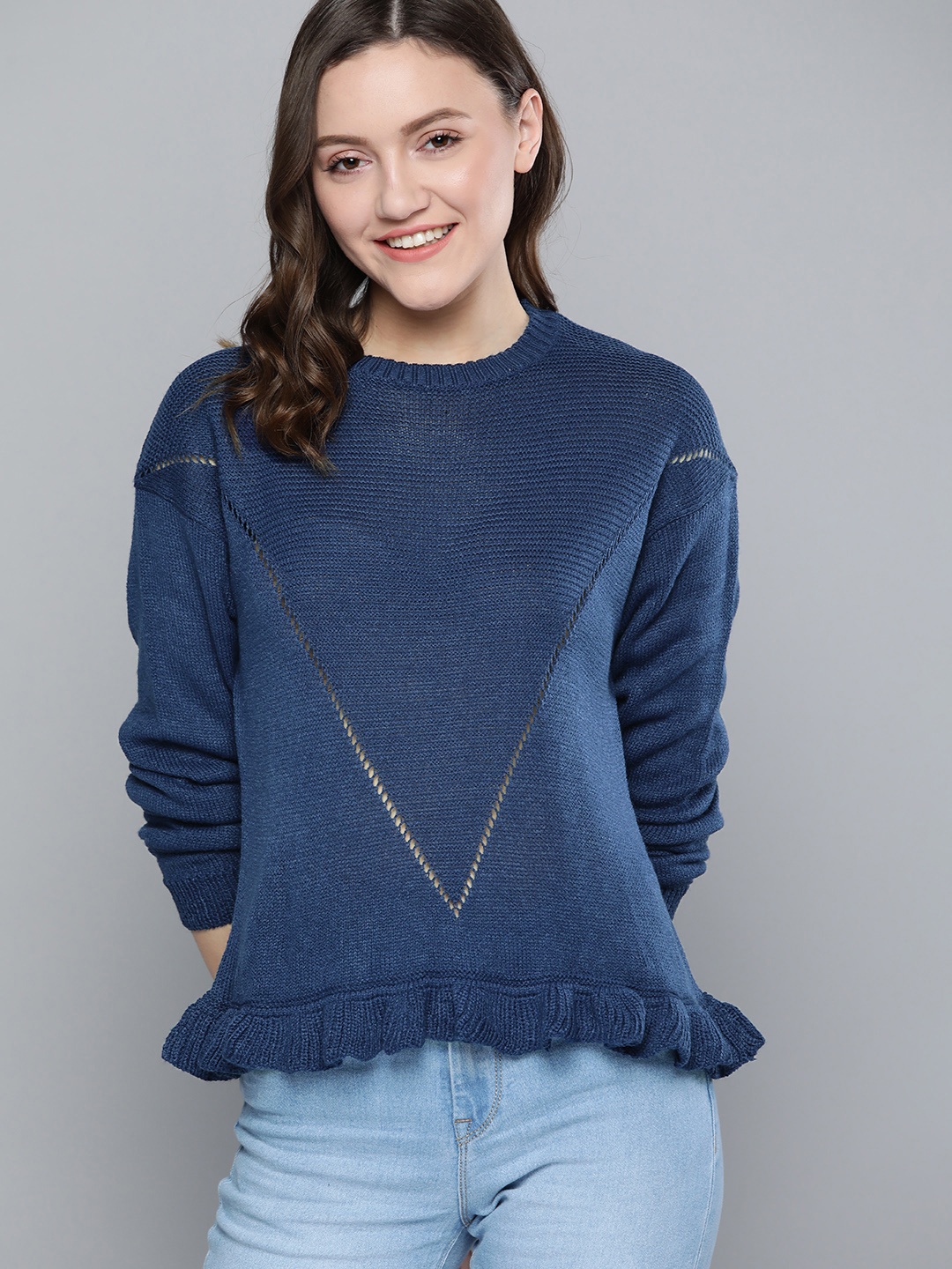 

Mast & Harbour Women Navy Blue Open Knit Pullover
