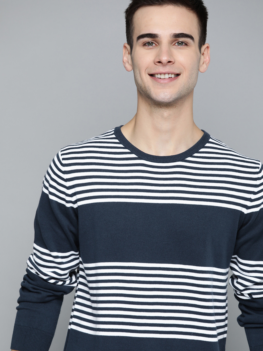 

Mast & Harbour Men Navy Blue & White Striped Pure Cotton Pullover Sweater