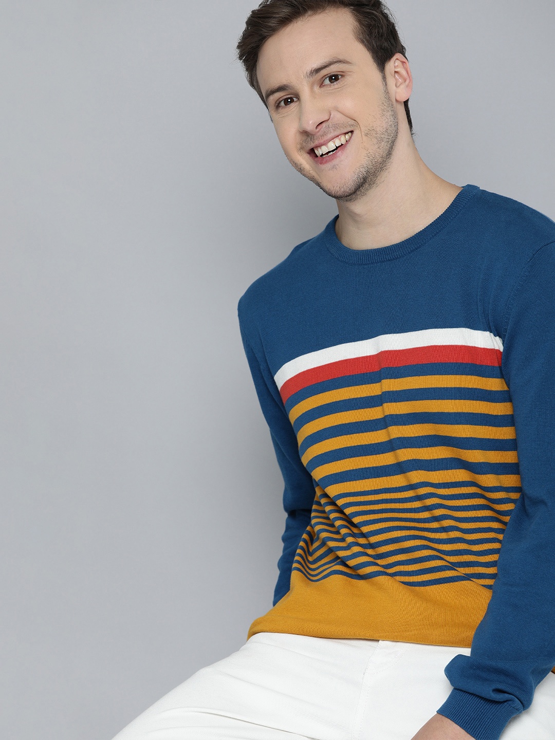 

Mast & Harbour Men Blue & Mustard Striped Pullover