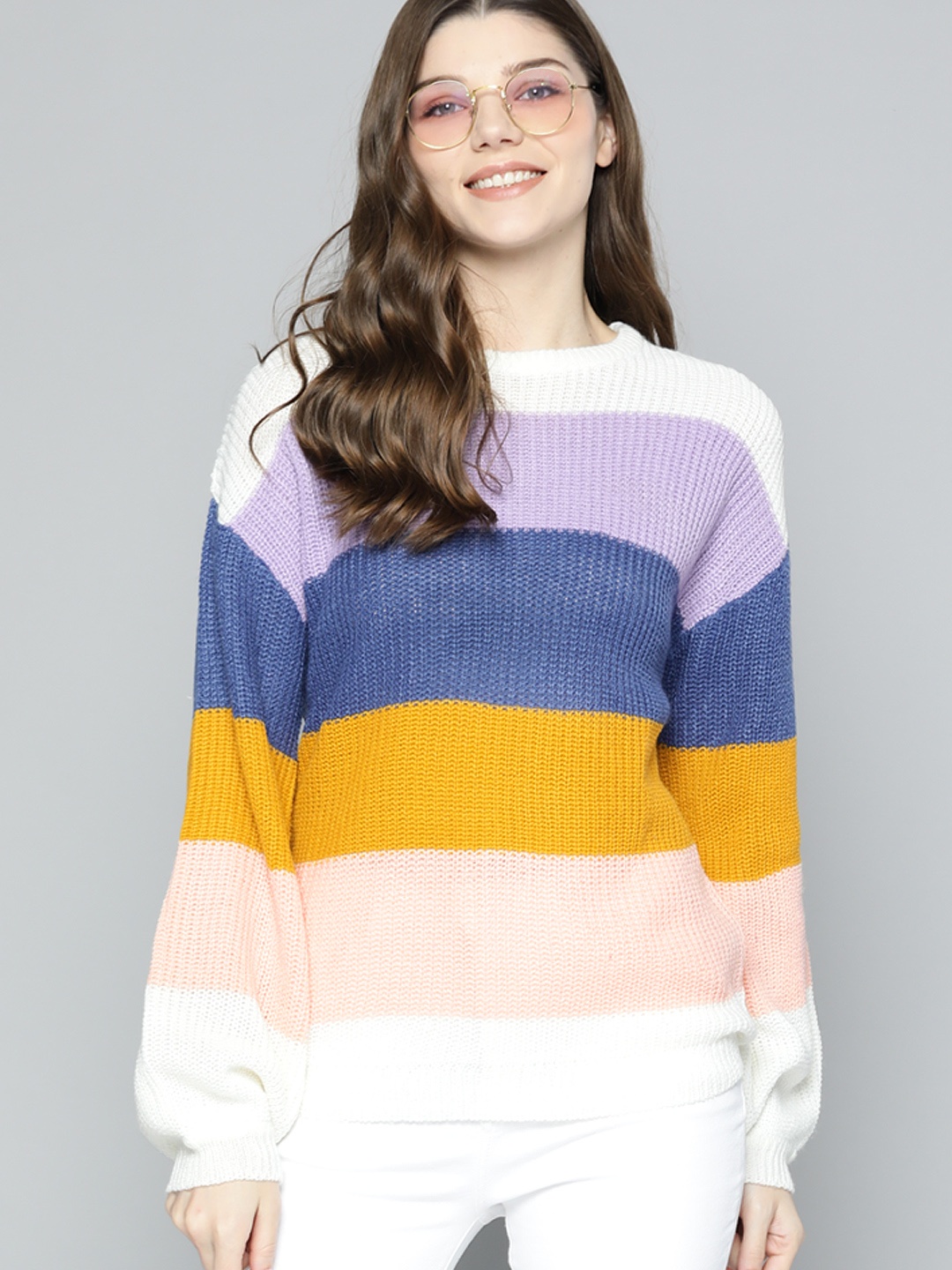 

Mast & Harbour Women Lavender & Mustard Yellow Colourblocked Pullover