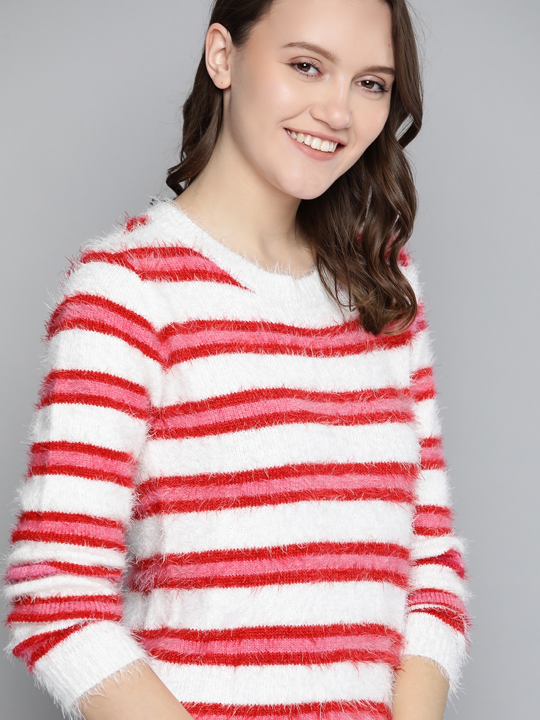 

Mast & Harbour Women White & Pink Fuzzy Striped Pullover