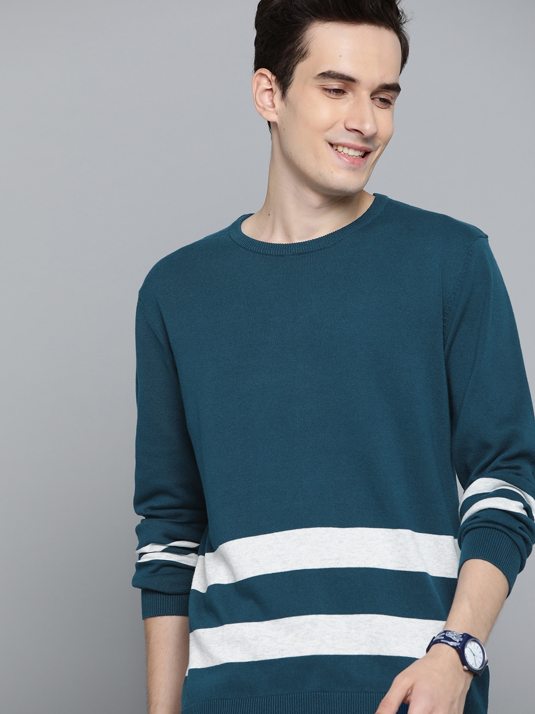 

Mast & Harbour Men Teal Blue & White Striped Cotton Pullover