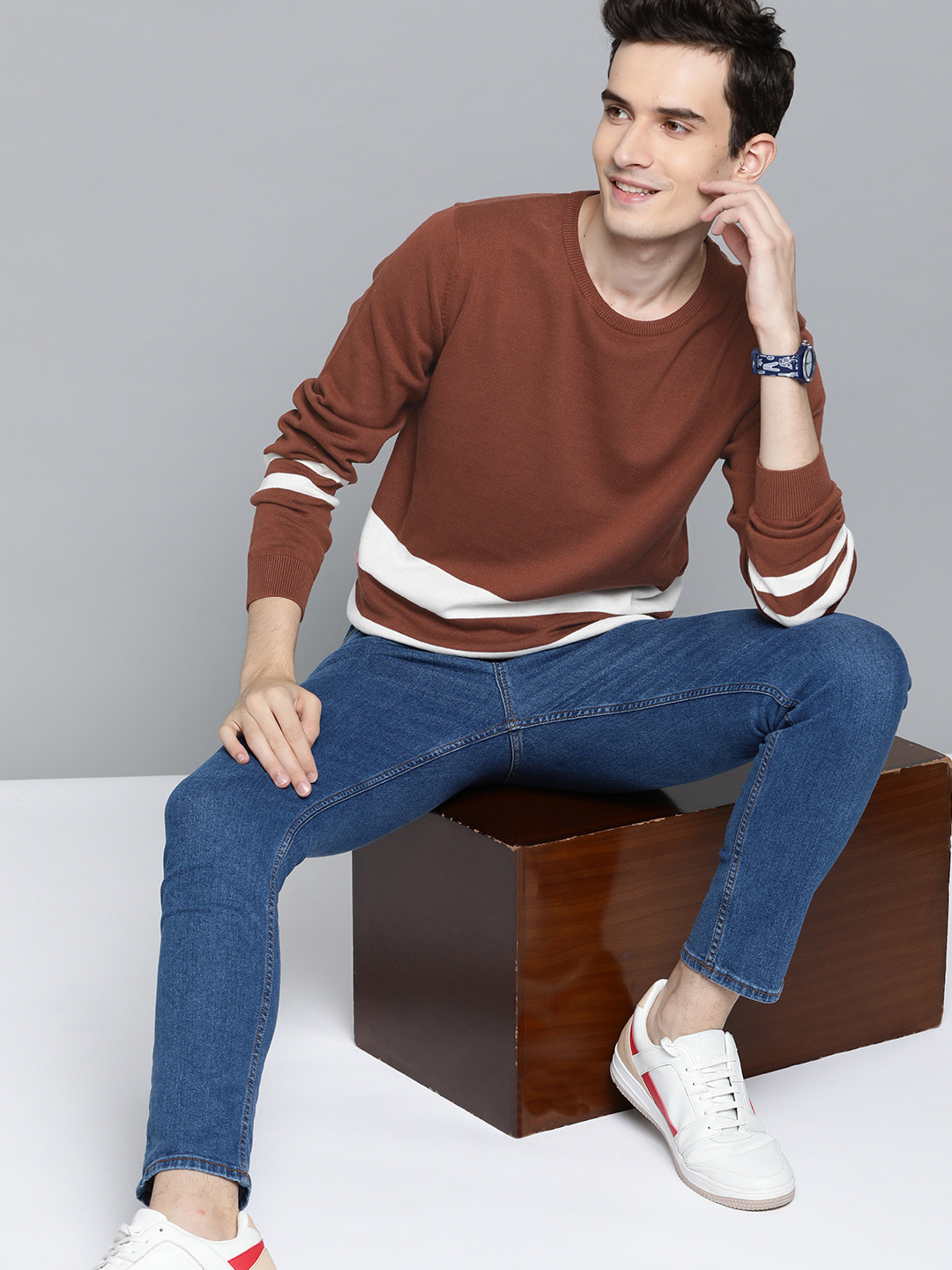 

Mast & Harbour Men Brown & White Striped Cotton Pullover