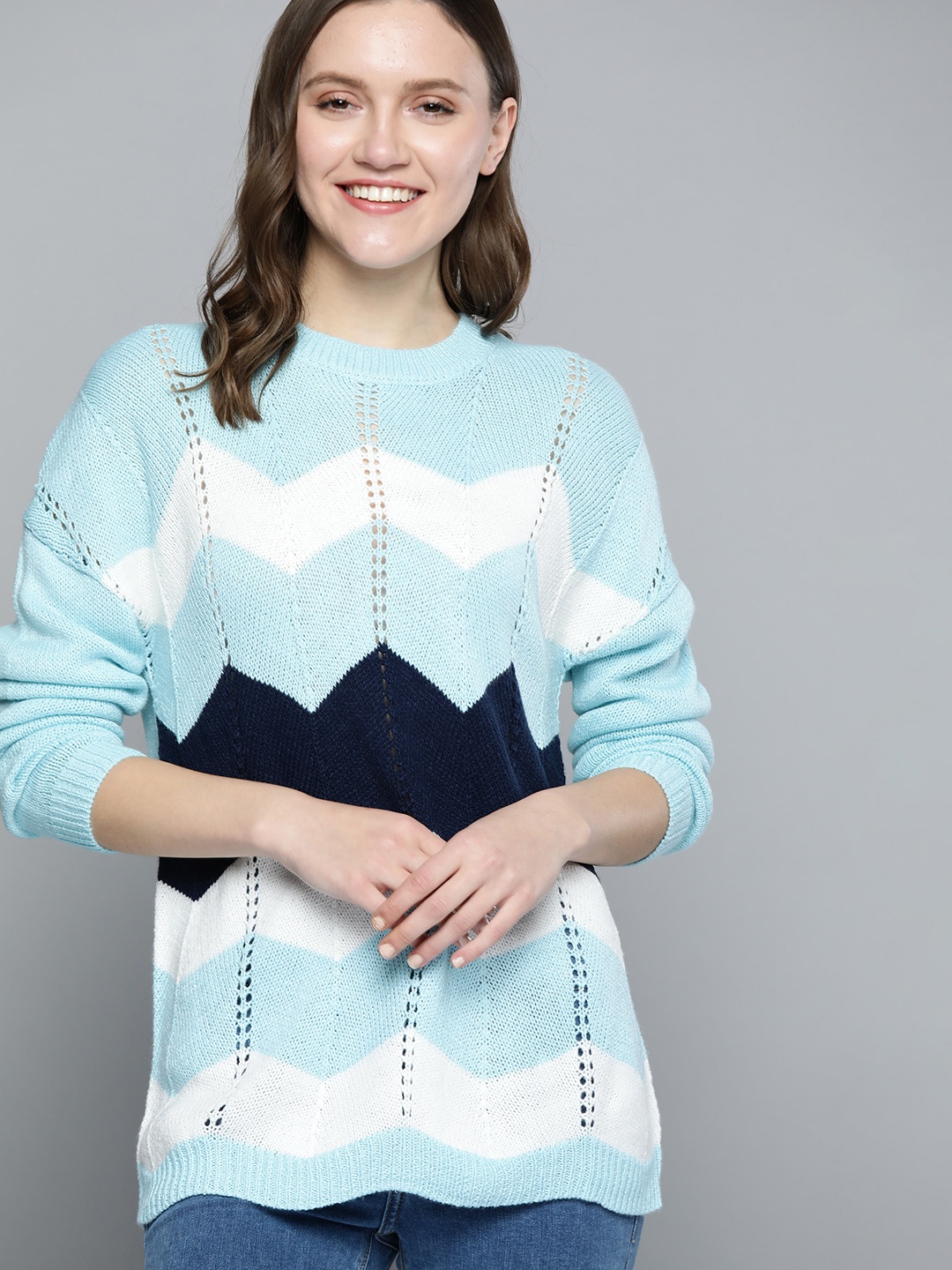 

Mast & Harbour Women Blue & White Colourblocked Open Knit Pullover