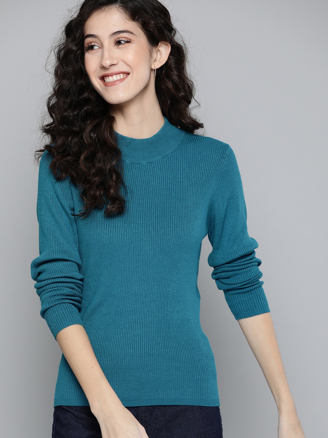 

Mast & Harbour Women Teal Blue Ribbed Pullover