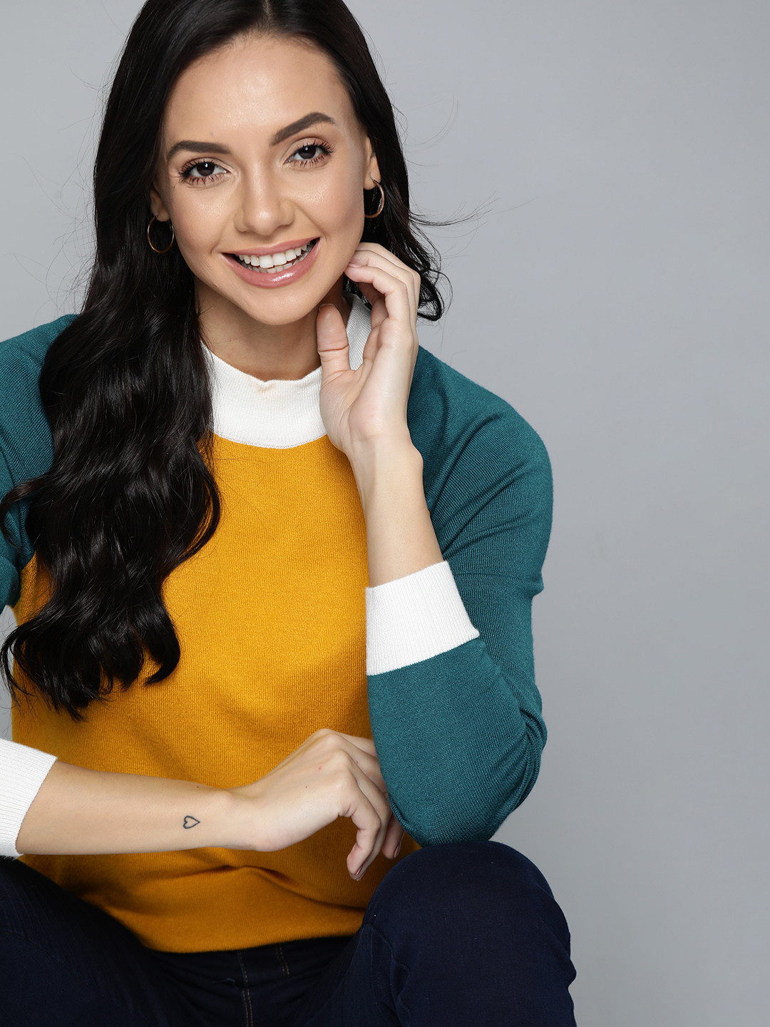 

Mast & Harbour Women Mustard Yellow & Teal Blue Solid Pullover