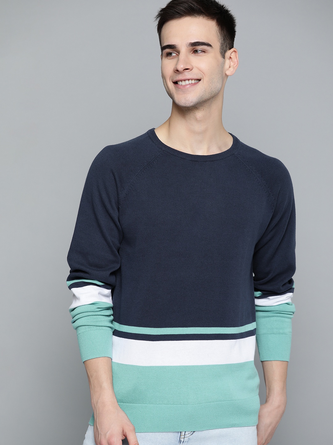 

Mast & Harbour Men Navy Blue & Sea Green Cotton Colourblocked Pullover