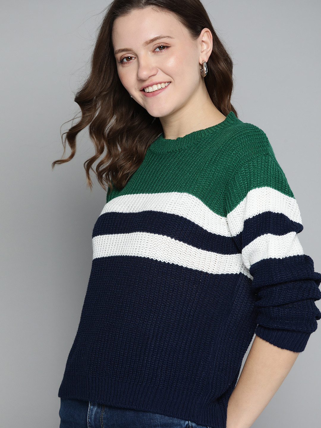 

Mast & Harbour Women Green & Navy Blue Striped Pullover