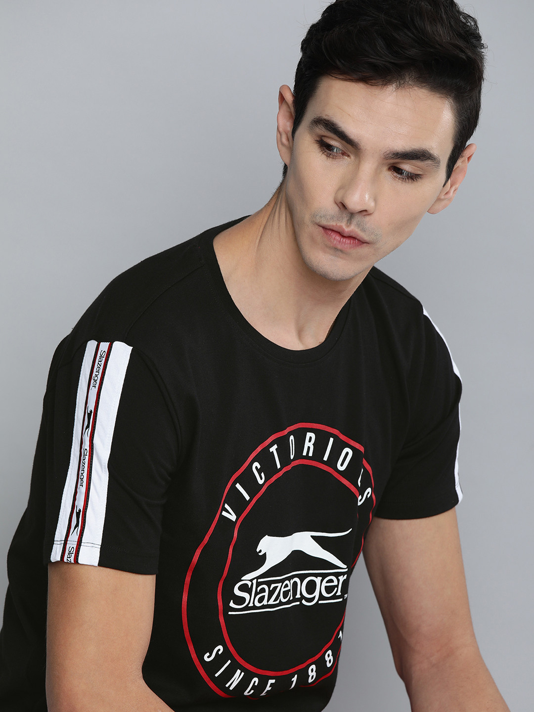 

Slazenger Men Black Brand Logo Printed Pure Cotton Bio-Wash T-shirt