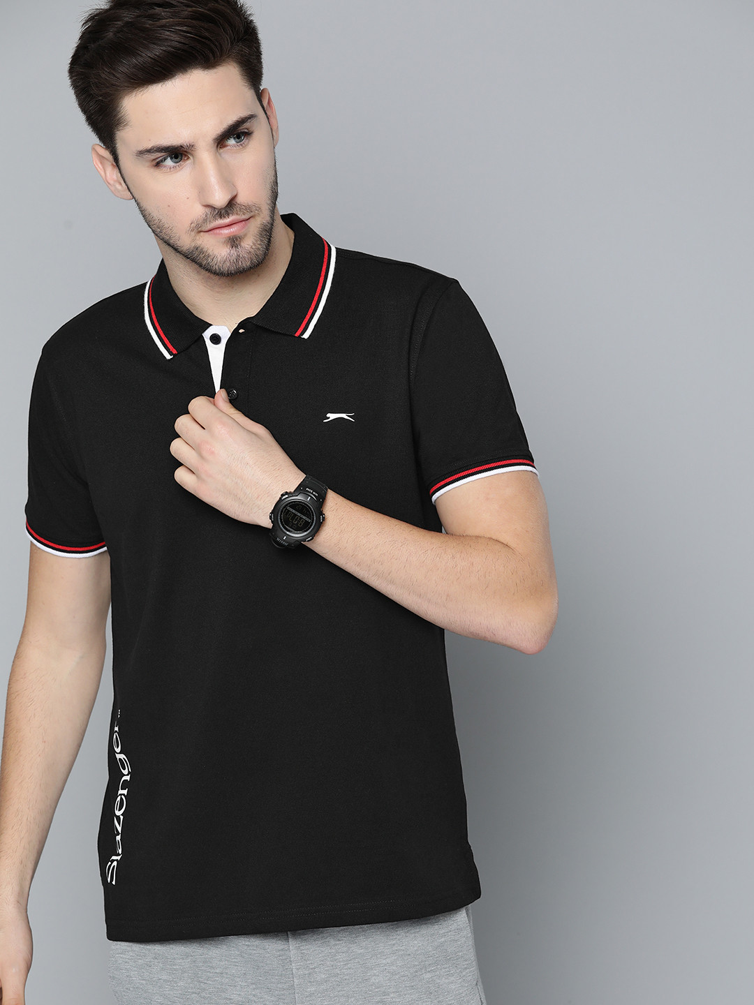 

Slazenger Men Black Brand Logo Placement Print Polo Collar Bio-Wash T-shirt