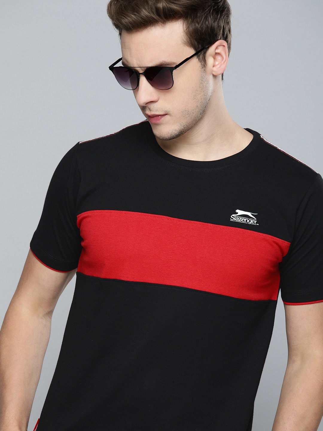 

Slazenger Men Black & Red Colourblocked Cotton Bio-Wash T-shirt