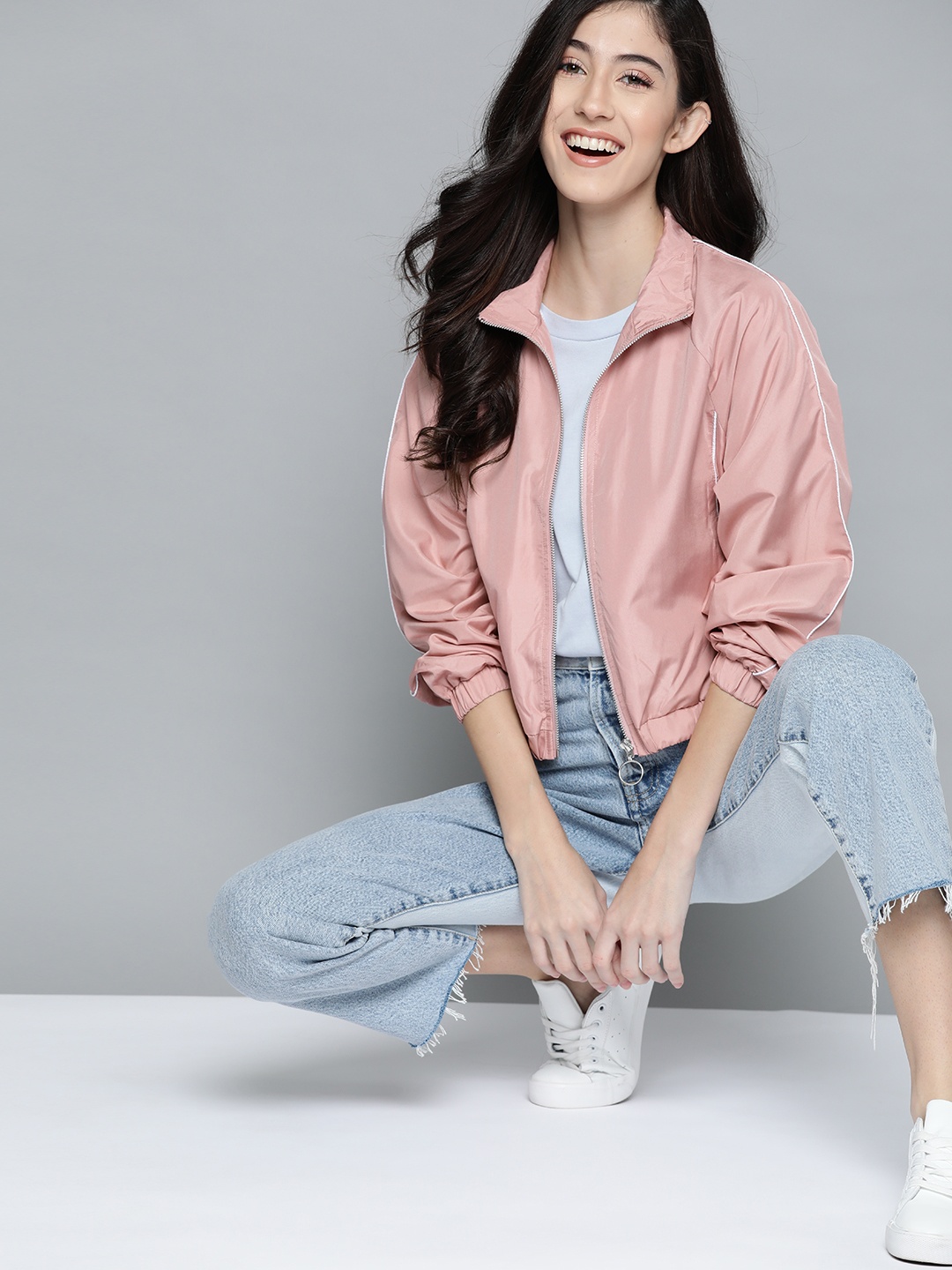

Mast & Harbour Women Pink Solid Bomber Jacket