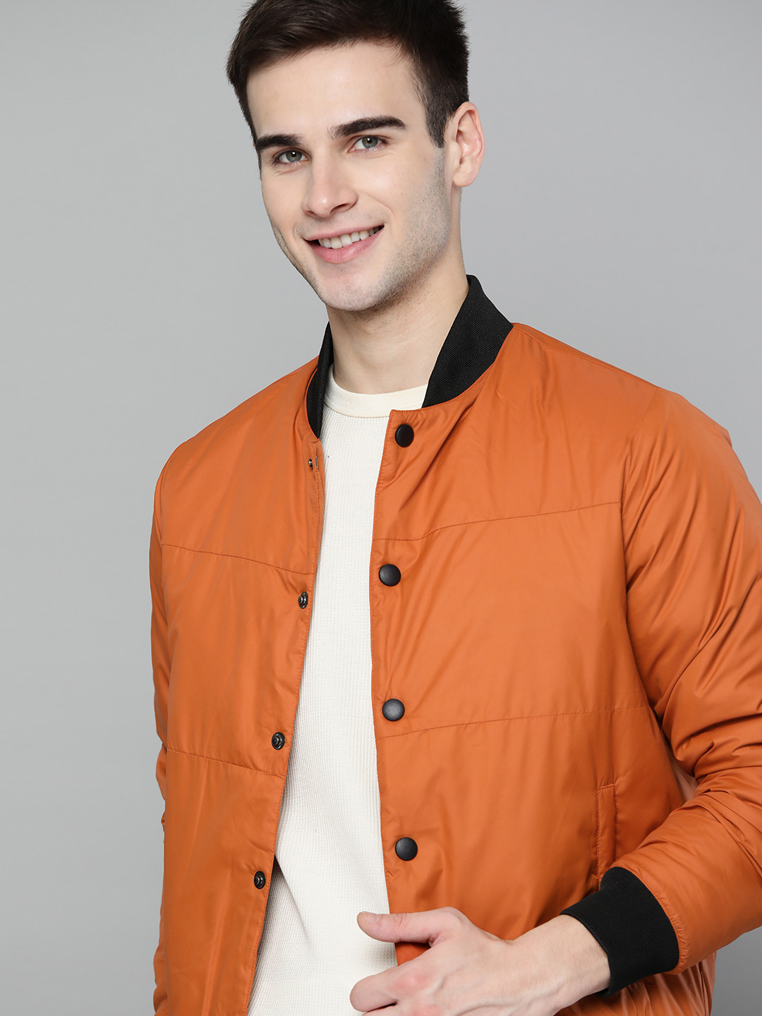 

Mast & Harbour Men Rust Orange Solid Bomber Jacket