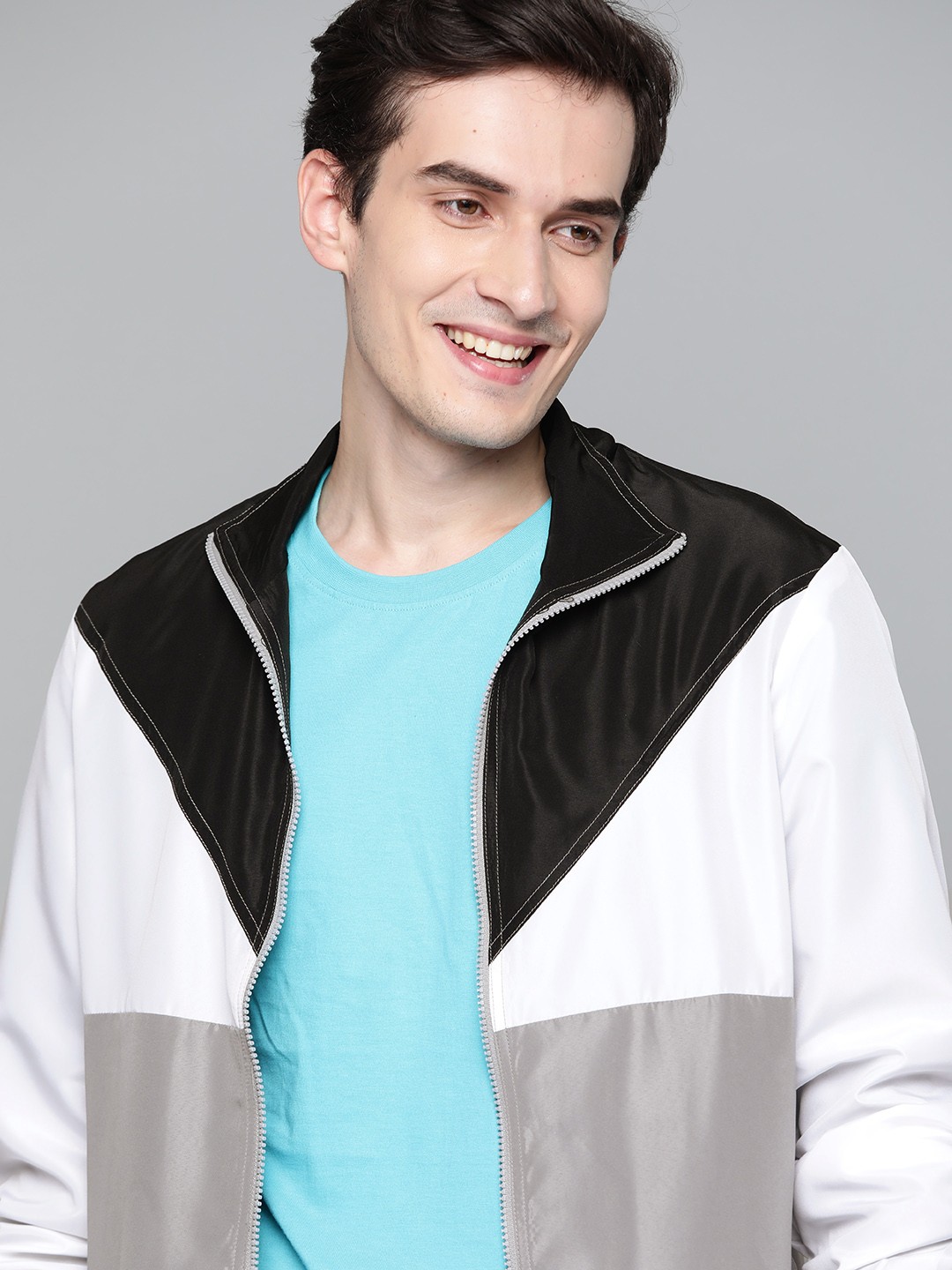 

Mast & Harbour Men Grey & Black Colourblocked Jacket