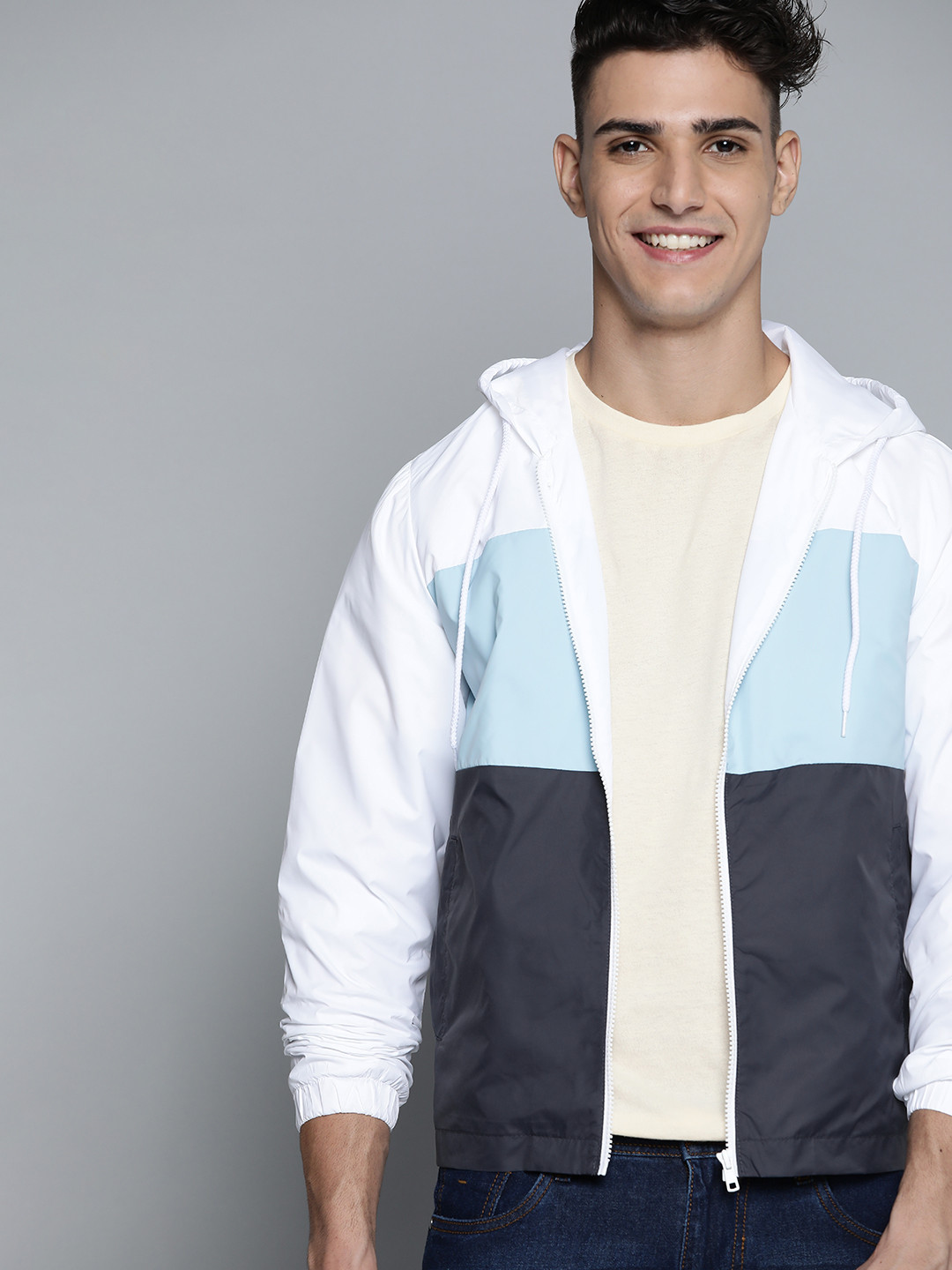 

Mast & Harbour Men Blue & White Colourblocked Lightweight Hooded Jacket