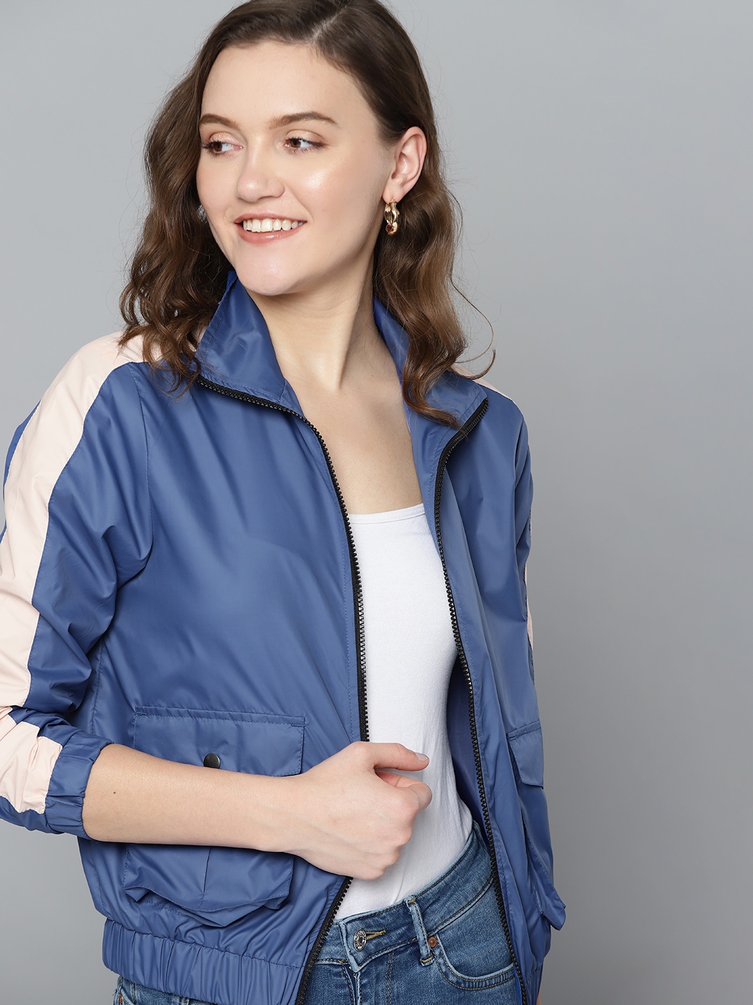 

Mast & Harbour Women Blue Solid Bomber Jacket