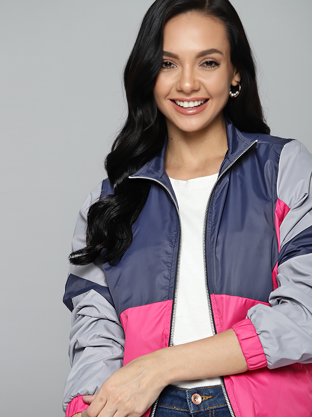 

Mast & Harbour Women Blue & Pink Colourblocked Tailored Jacket