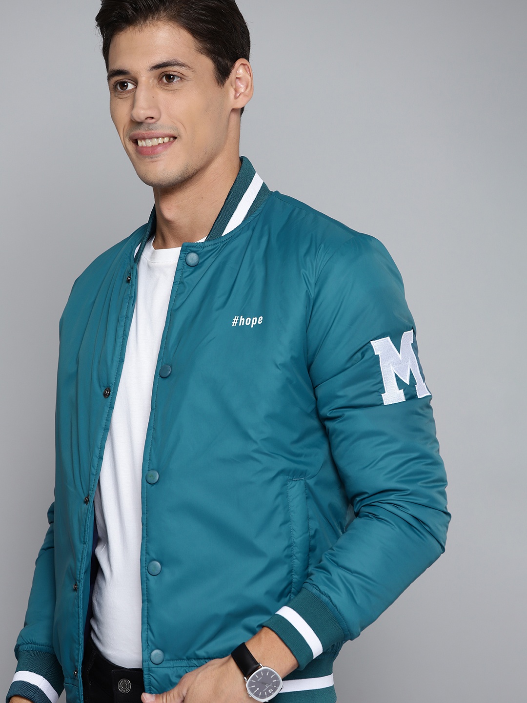 

Mast & Harbour Men Teal Green Solid Bomber Jacket