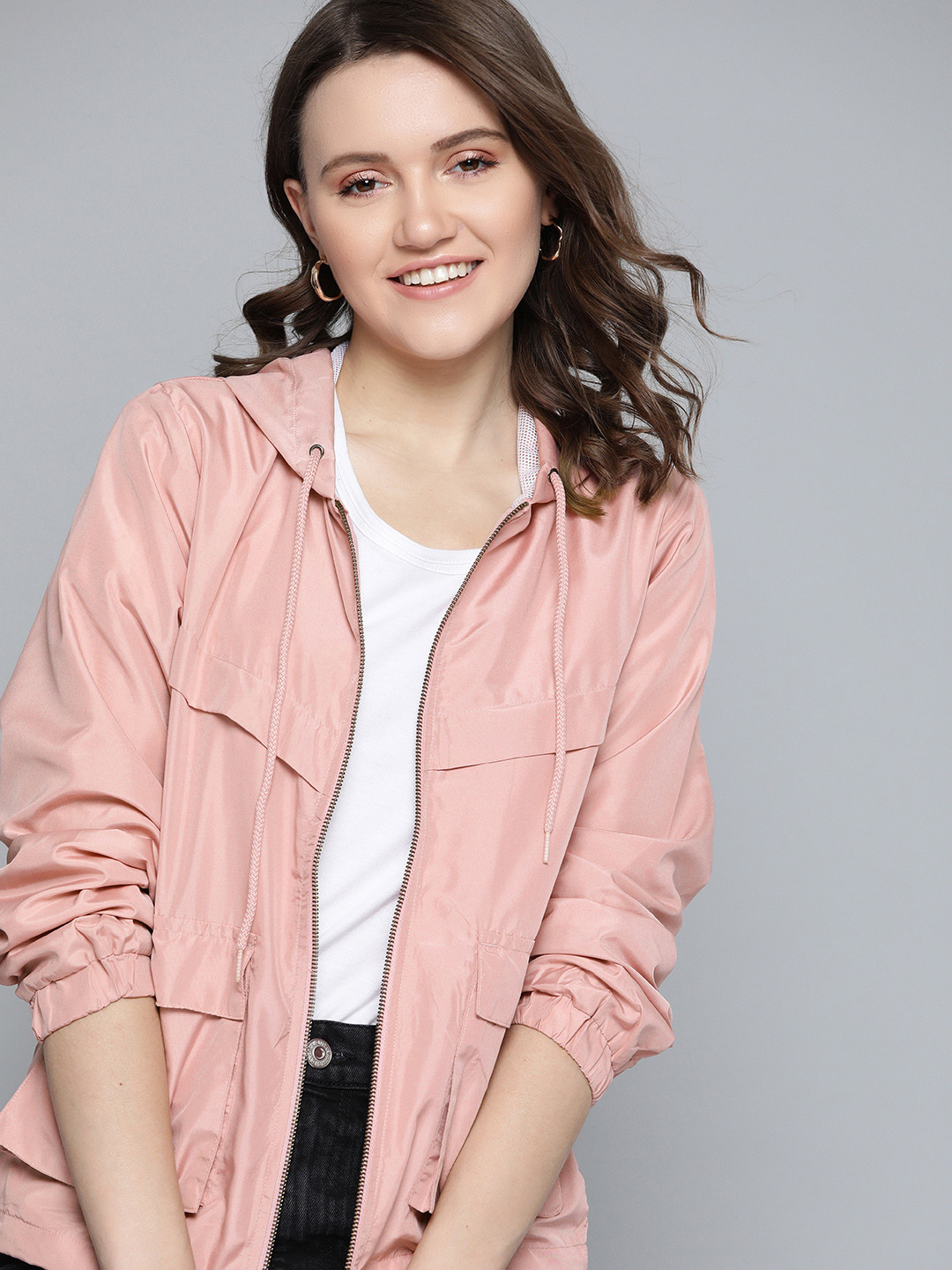 

Mast & Harbour Women Rose Solid Satin Finish Hooded Tailored Jacket with Oversized Pockets