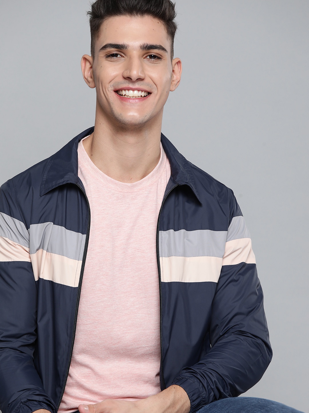 

Mast & Harbour Men Navy Blue & Pink Striped Detail Bomber Jacket