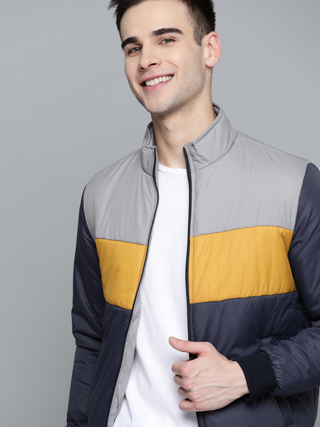 

Mast & Harbour Men Navy Blue & Grey Colourblocked Bomber Jacket