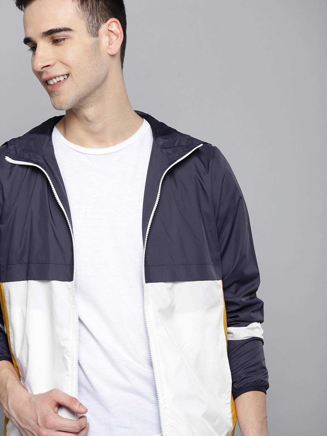 

Mast & Harbour Men Navy Blue & White Colourblocked Tailored Jacket