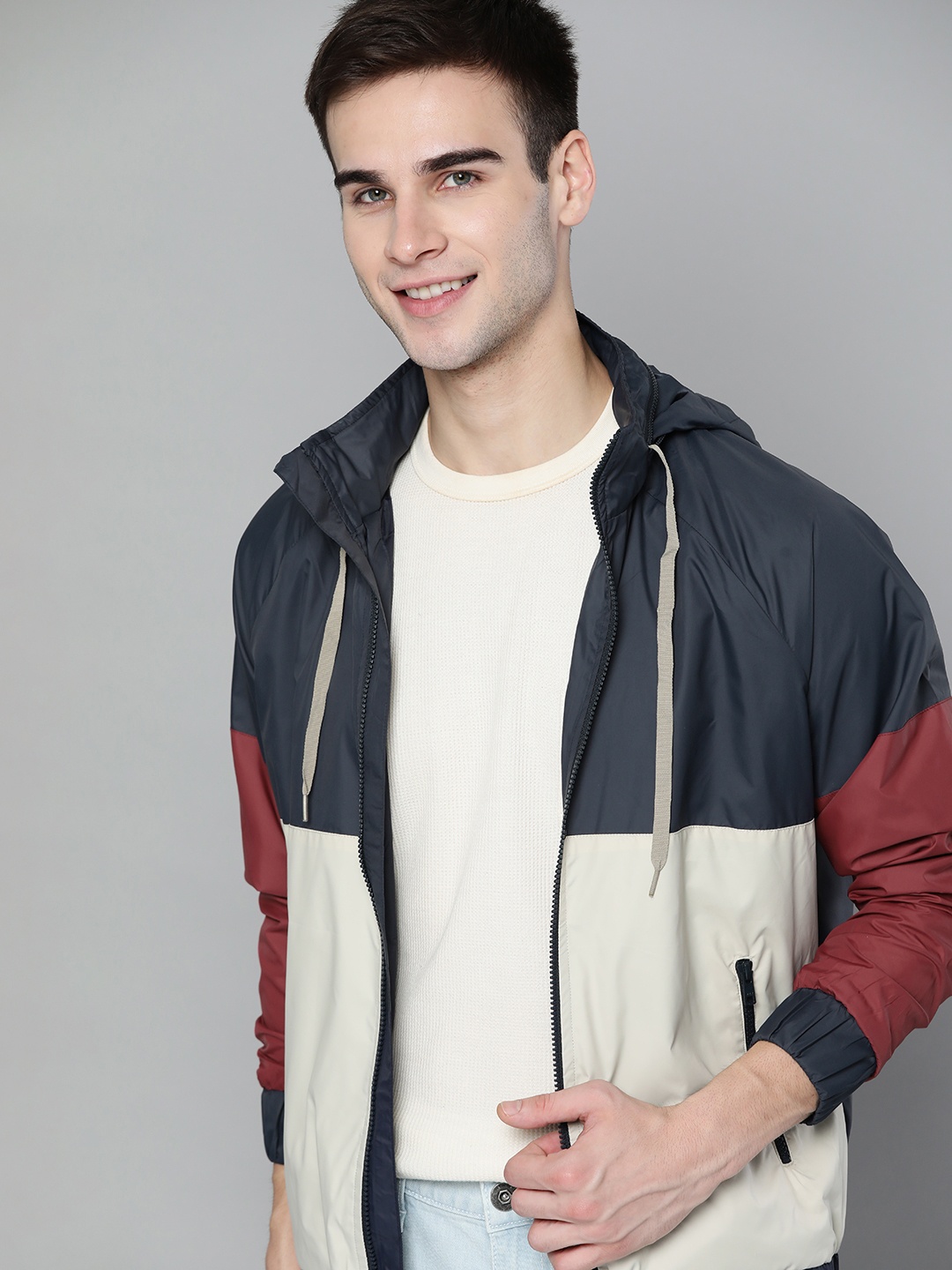 

Mast & Harbour Men Off White & Navy Blue Colourblocked Bomber Jacket
