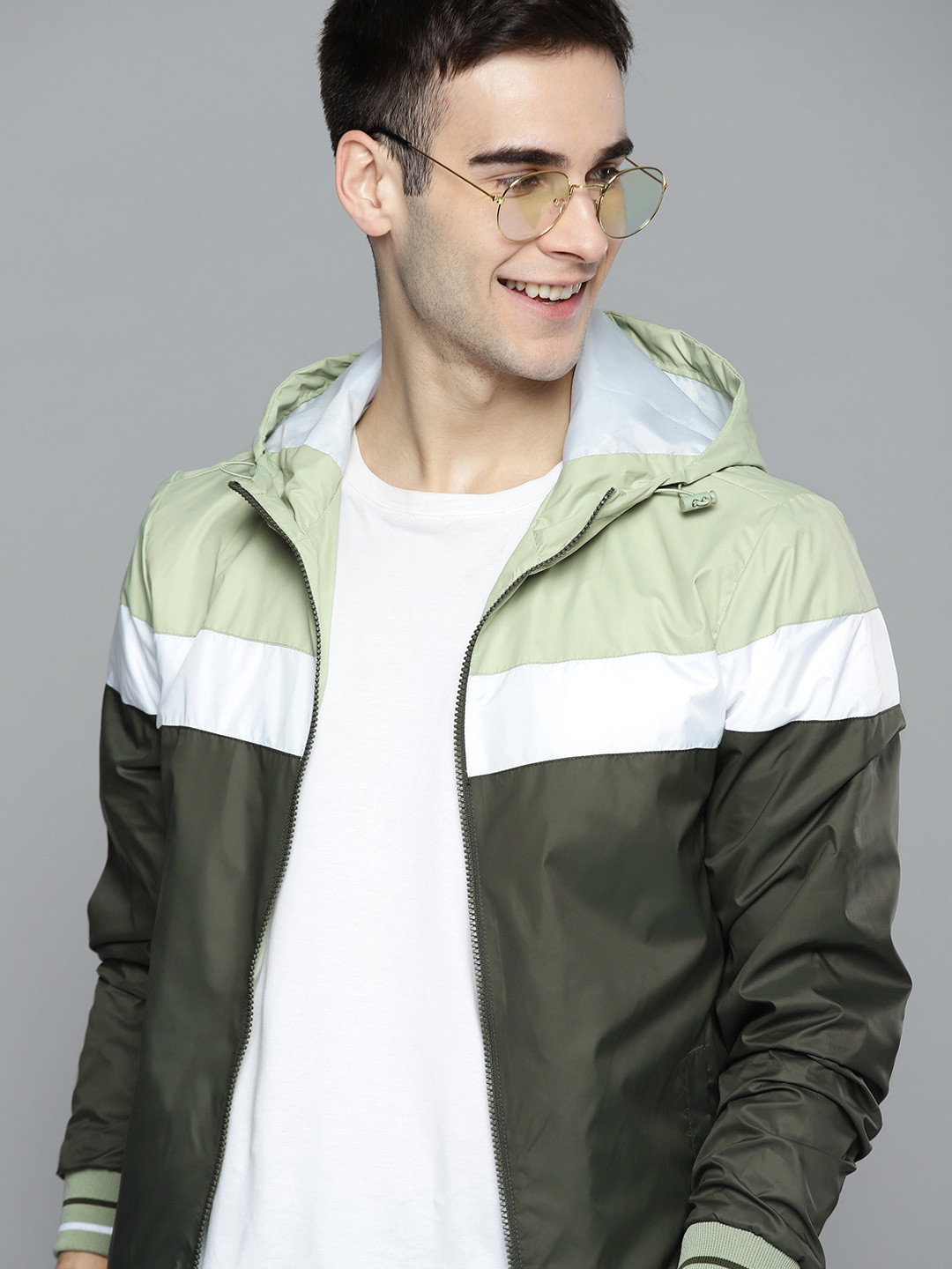 

Mast & Harbour Men Green White Colourblocked Bomber Jacket
