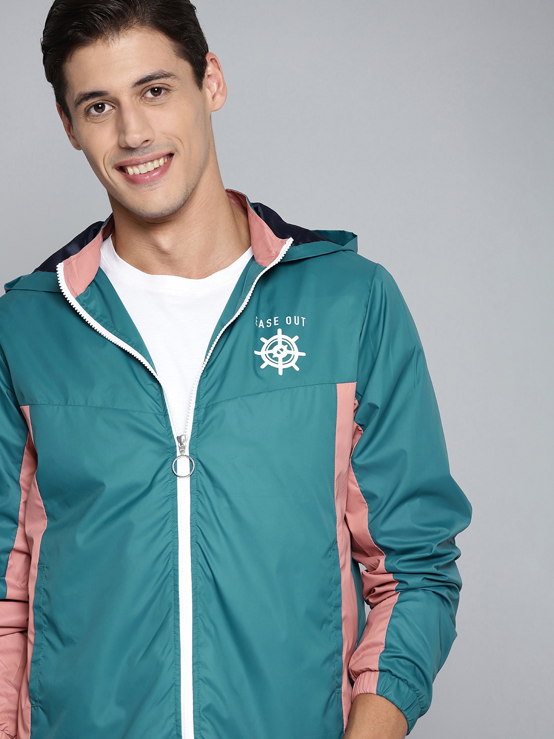 

Mast & Harbour Men Teal Blue & Pink Hooded Tailored Jacket
