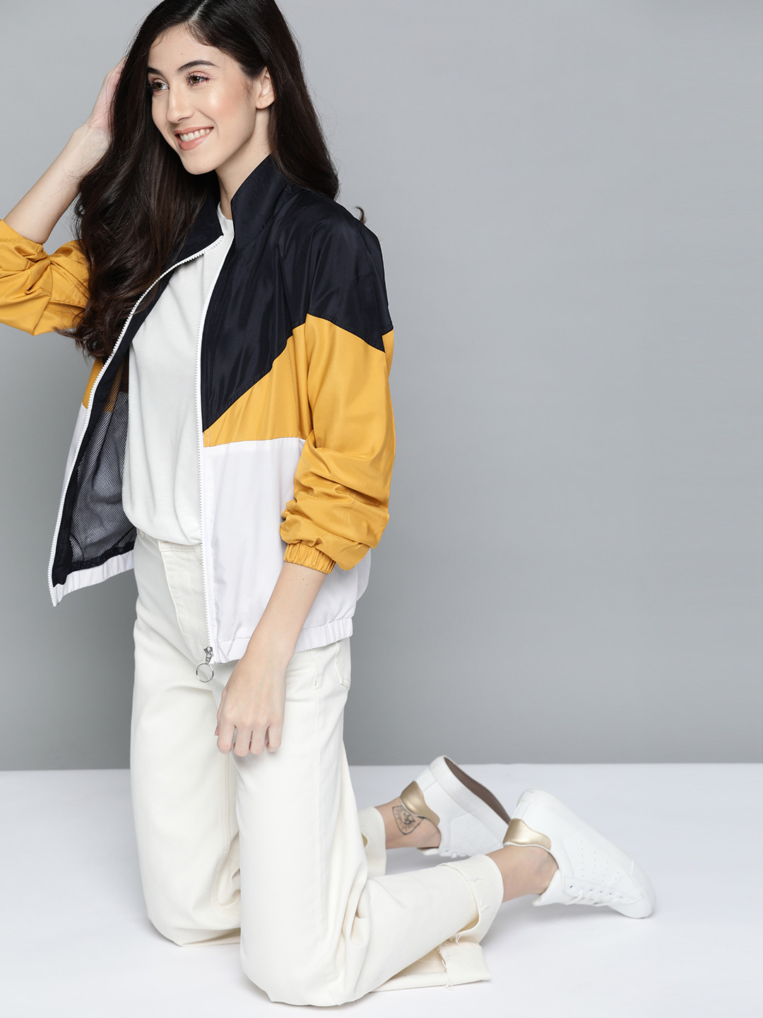 

Mast & Harbour Women Navy & Mustard Yellow Colourblocked Tailored Jacket, Navy blue
