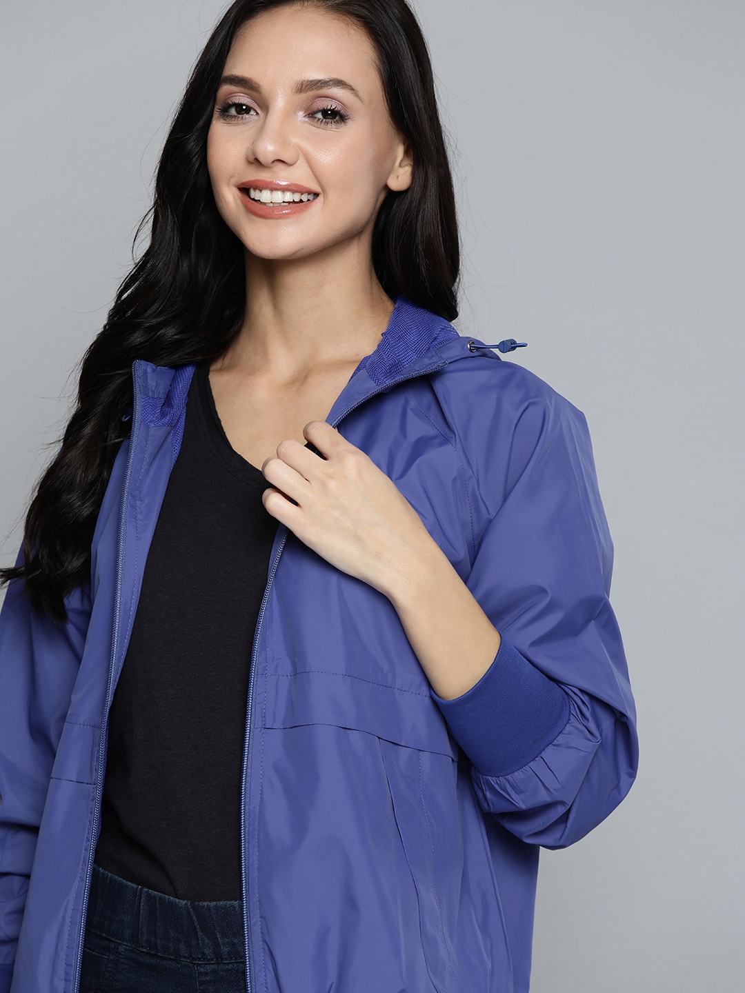 

Mast & Harbour Women Blue Solid Hooded Tailored Jacket