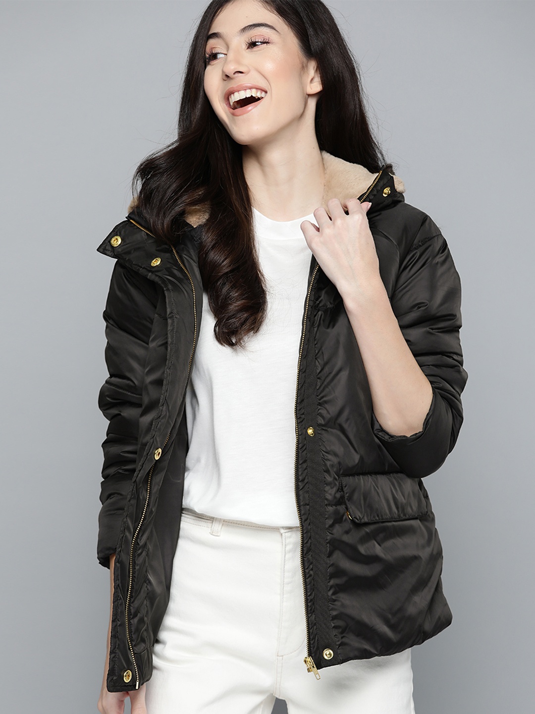

Mast & Harbour Women Black Solid Faux Fur Lined Hooded Longline Padded Jacket