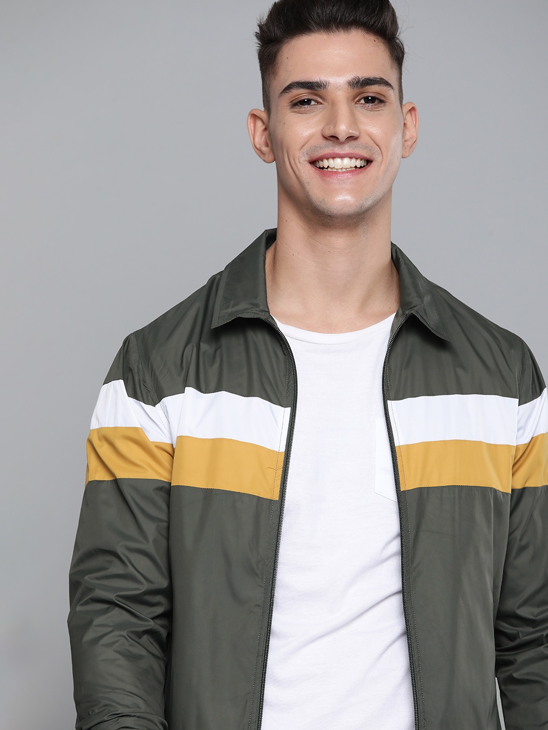 

Mast & Harbour Men Olive Green & Yellow Striped Detail Bomber Jacket